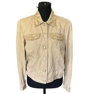 Nancy Bolen City Girl Beaded Embellished Khaki Button Front Denim Jacket Size M